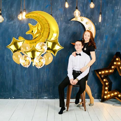 10 Pcs Moon Star Foil Balloons, 36 Inch Big Jumbo Moon Mylay Balloons and 18 Inch Star Foil Balloons for Baby Shower Birthday Wedding Party Decorations (Gold)