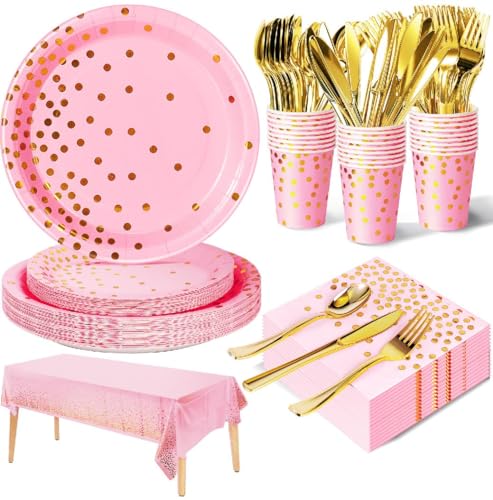 Nkaiso 141Pcs Pink Gold Paper Plates and Napkins Party Supplies-20 Guests - color: Pink and Gold