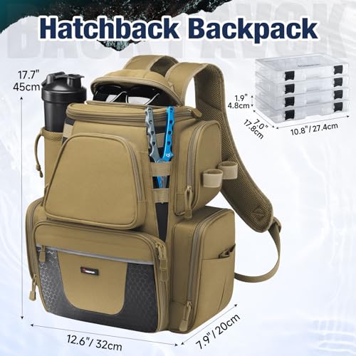 Piscifun Fishing Tackle Backpack with 2 Rod Holders, 4 Boxes & Rain Cover | Multi-pocket storage, fits 3600/3700 trays, bottle holder, padded straps for bank fishing - color: Khaki
