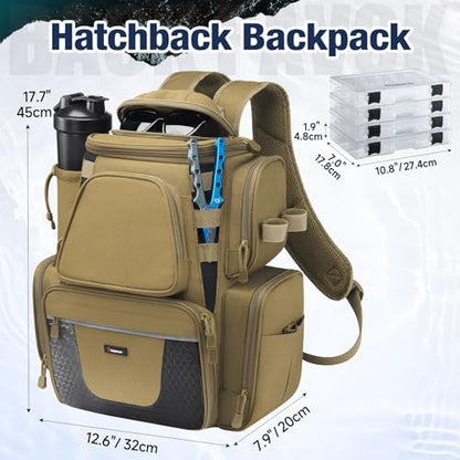 Piscifun Fishing Tackle Backpack with 2 Rod Holders, 4 Boxes & Rain Cover | Multi-pocket storage, fits 3600/3700 trays, bottle holder, padded straps for bank fishing - color: Khaki