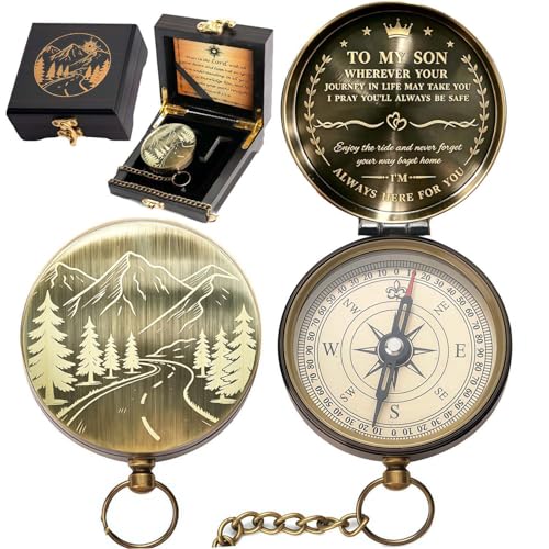 God's Guide & Blessing Compass, Trust in The Lord Compass, Wood Box Greeting, Inspirational Gift Men, Christian Boys Baptism Gifts, Graduation Day with Wooden Box - color: 6.Bronze To My Son Gift love Wooden Box