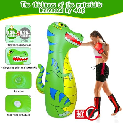 Punching Bag for Kids 47" Inflatable Dinosaur Bop Bag with Thicker Material Instant Bounce Back with Boxing Gloves Karate Kickboxing Taekwondo Kids Gift for Age 3-9 Girls & Boys - color: Green