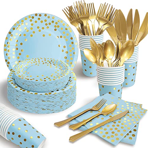AIRE Blue Gold Paper Plates Set, 175PCS Disposable Dinnerware for 25 - color: 175PCS Blue and Gold