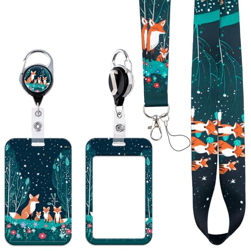 Cute Lanyards with Id Badge Holder, Fashion Vertical Badge Holder with Keychain, Night Fox Lanyard with Name Tag Clip for Women Teacher Nurse School - style: Fox