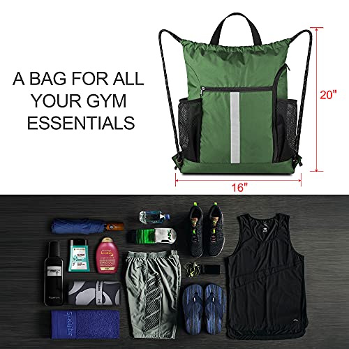 BeeGreen Green Drawstring Bag Gym Cinch Backpack w Shoe Compartment and Two Side Pockets Machine Washable Sports Sinch Sack String Sackpack for Swim Equipment Beach Travel - color: Green, style: Drawstring With Shoe Compartment