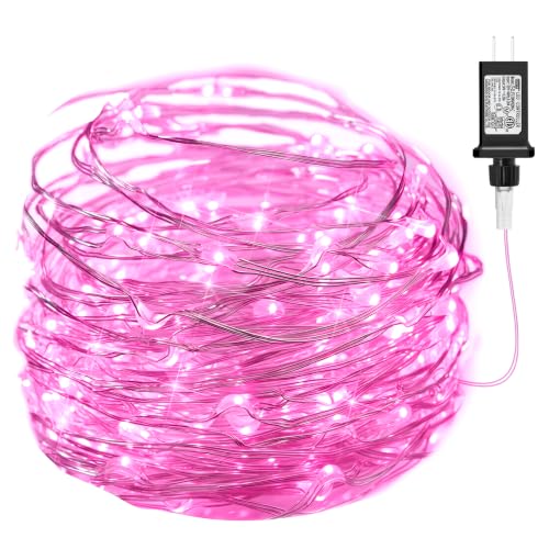 Pink Fairy Lights Plug in, 33Ft 100 LEDs Waterproof Silver Wire Firefly Valentine's Lights, Adaptor Included, Starry String Lights for Wedding Indoor Outdoor Patio Garden Valentine's Day Decoration - color: Pink, size: 100 LEDs
