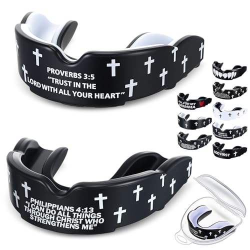 Yaomiao 2 Pcs Mouth Guards Christian Teeth Guards Sport Game Guard & Case Religious MouthGuard Soccer Football Basketball Baseball Wrestling Lacrosse Rugby Boxing Taekwondo - size: Adult, style: Black & Strength