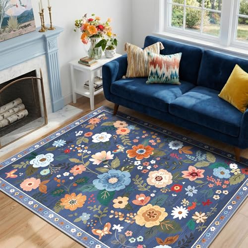 RELEANY Floral Washable 4x6 Area Rugs Blue/Grey - color: Blue/Grey, size: 4' x 6' (Rectangular)