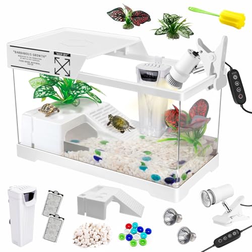 GOZILLA Turtle Tank Kit(Tank+Lamp+Filter), Upgrade PC Turtle Tank Starter Kit with Adjustable Lamp & Filter, Reptile Habitat with Lid, Basking Platform for Small Reptiles.(15.75 × 7.9 × 9''/White Kit) - color: Medium-White-Kit