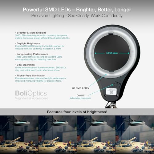 ESD Safe (Glass Lens) Professional LED Magnifying Lamp with Clamp (3 Diopter, 1.75X) Work Light, 4 Brightness Levels, Daylight Bright, 1200 Lumens, 5600K-6000K, Matte Black, BoliOptics MG16303122