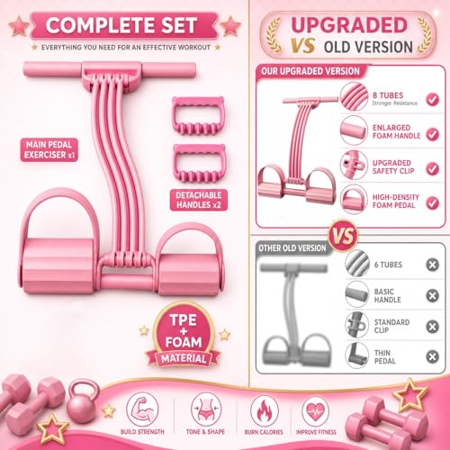 Pedal Resistance Band with Handle Upgraded 8-Tube Resistance Bands with Handles Set, 3-in-1 Multifunctional Chest Expander, Back Puller and Stretching Rope,Detachable Pedal Exerciser for Home - color: Pink