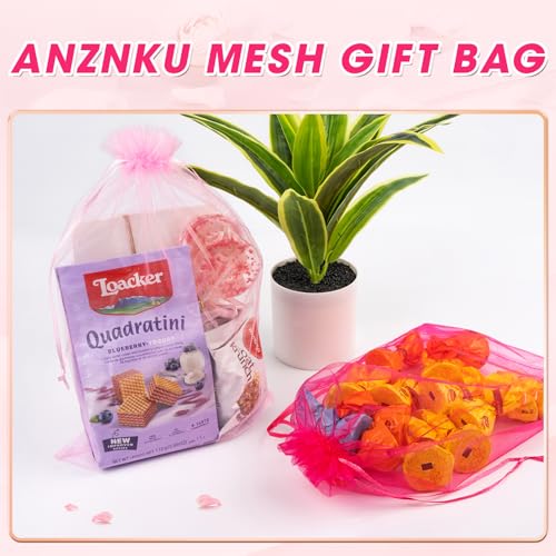 ANZNKU 100 Pcs Large Organza Bags 8x12, Small Mesh Gift Bag Drawstring Bulk - color: Hot Pink