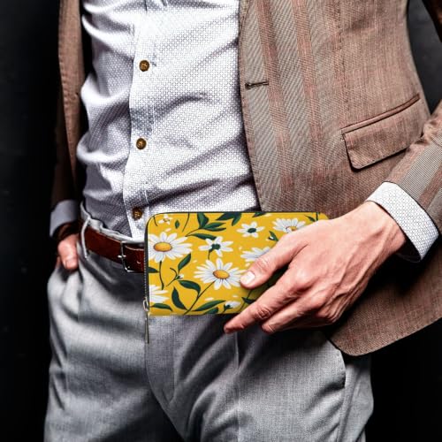 Daisies On Yellow Background PU Leather Long Wallet for Women Men, Zipper Clutch Wallet RFID Card Holder Organizer - color: Daisies On Yellow Background