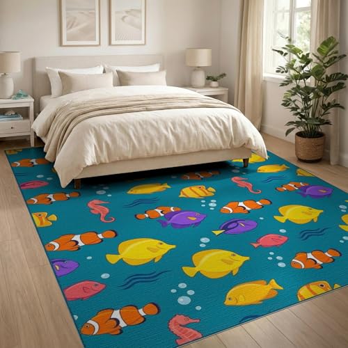 8'x10' Washable Beachy Bubble Large Rug, Yellow Non-Shedding Pet Friendly Carpet Foldable Easy Care Mat for King Size Bedroom, Master Suite, Under Bed | Ref:1886587 - color: Blue/Pattern 15, size: 8' x 10' (Rectangular)