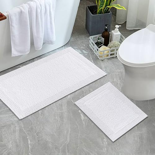 Bedding Craft 100% Cotton Bath Mat - Soft Hotel-Style Rectangular Bathroom Floor Rug - Plush, Water Absorbent Cloth Bathmat for Outside Bathtub/Shower, Machine Washable Cotton Bath Rug 21x34 White