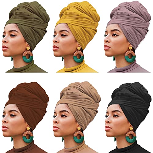 6 Pieces Stretch Head Wrap Jersey Turban Fashion Headwear Solid Color Long Scarf Caps Bohemian Soft Breathable Turbans African for Women (Black, Camel, Leather Powder, Army Green, Coffee, Turmeric) - color: Y6 Black, Camel, Leather Powder, Army Green, Cof