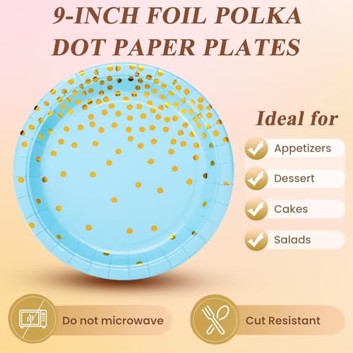 150 PCS Blue and Gold Paper Plates Napkins Forks Party Supplies Serves 50, Golden Dot Disposable Paper Dinnerware 9" Plates for Birthday, Baby Shower, Boy Birthday - color: Blue Gold (Serves 50)