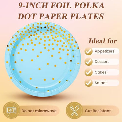 150 PCS Blue and Gold Paper Plates Napkins Forks Party Supplies Serves 50, Golden Dot Disposable Paper Dinnerware 9" Plates for Birthday, Baby Shower, Boy Birthday - color: Blue Gold (Serves 50)
