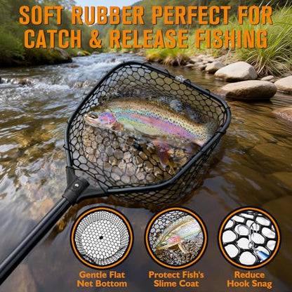Rubber Fishing Landing Nets Telescopic Handle Nets Folding Nets with Collapsible Handle for Catch & Release Fishing Gift 17.6" dia-13.7" Depth Black/Orange - color: Black