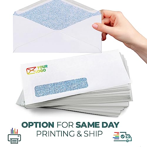 2500 Pack Custom Printed #9 Single Window Envelopes, Gummed Seal, Security Tinted - Bright White Envelopes for Quickbooks, Checks, Return Mail, Text and Logo Customization, 24lb, 3 7/8 x 8 7/8 Inches - size: #9 Envelopes | 2500 Count