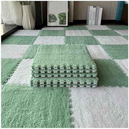 FYYSJW 10 Piece Plush Patchwork Foam Floor Mat, Soft Interlocking Floor Carpet Squares, Fluffy Puzzle Area Rug, 12 X 12 Inch,Green+White - color: Green+white
