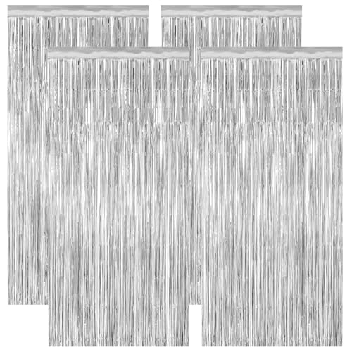 4 Pack Party Decorations, Metallic Silver Backdrop, Photo Booth Props Silver Curtains Tinsel Backdrop Foil Streamer, 21st Birthday Decorations Bachelorette Decor - color: Silver, size: 4 PCS
