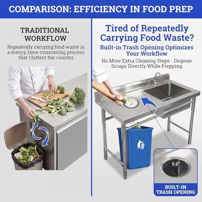 Commercial Stainless Steel Sink, Fish Cleaning Table with Trash Chute, Utility Portable Single Bowl Kitchen Hand Washing Station, Outdoor Free Standing Prep Table with Sink, Camping Basin Laundry Tub( - size: 120*60*80cm/47.2*23.6*31.4in