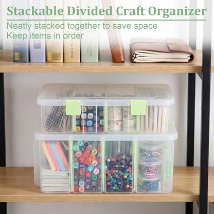BTSKY Clear Plastic Dividing Storage Box with 4 Deep Compartment Sewing Box | 13.9x7.9x6.2 Inches Adjustable Storage Bin with Lid Portable Craft Container Multipurpose Art Supply Organizer Green - size: 13.9x7.9x6.2 Inches-Green