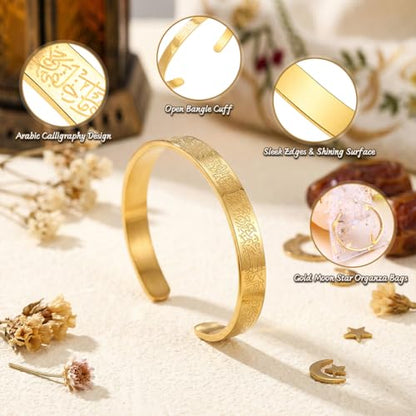 Eforcase Women Islamic Jewelry Gifts Eid Mubarak Gold Bracelet Allah Bangles Cuff for Ayatul Kursi Bracelet Eid Ramadan Party - style: 16 Pack - Gold