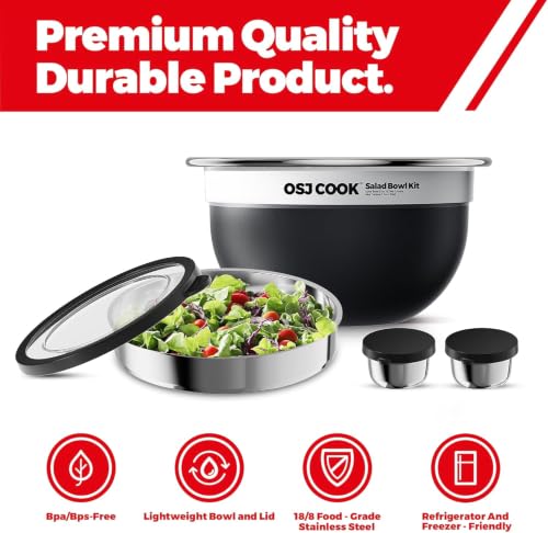 74oz Salad Bowl Kit with Lid & Tray, Scratch-Resistant 18/8 Stainless Steel Salad Bowls To Go For Lunch, Large Leak-Proof Container with 2 Condiment Canisters, Black - color: Black