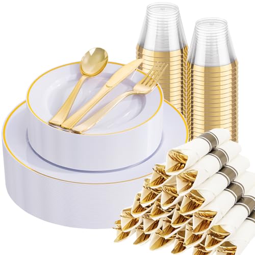 SUT 175 Pcs White and Gold Plastic Plates, Plastic Dinnerware Set for 25 Guests, Disposable Plates and Napkins Party Supplies, Gold Silverware, Plates, Cups and Napkins Sets for Party, Weddings - color: White Gold, size: 175PCS