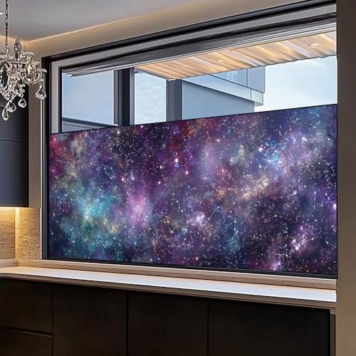 Window Privacy Film 39.37 x 17.3 in Purple Blue Galaxy Stars Cling | Galaxy and star artwork brings a dreamy cosmic look while adding privacy to bedroom, game room, office and glass doors. - color: Colorful Window#06