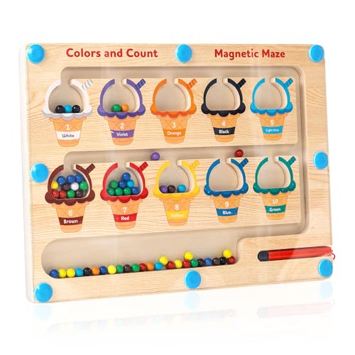 Magnetic Color and Count Maze Board, Wooden Educational Toy for Ages 3-5, Ice Cream Themed Learning Game with Magnetic Pen, Fine Motor Skills Development