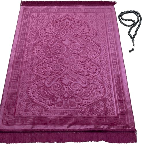 Modefa Luxury Velvet Prayer Rug with Prayer Beads | Soft Elegant Muslim Turkish Janamaz Sajada Carpet for Men and Women | Plain Solid Prayer Mat Ramadan Eid Gift - Paisley (Hot Pink) - color: Hot Pink
