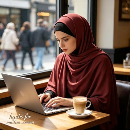 Hijab Scarf for Women, 3PCS Set with Undercap and Hijab Clip Lightweight Modal Muslim Head Wrap Scarf for Daily - color: Sy25-burgundy Hijab+black Undercap