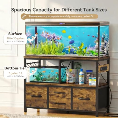 Heybly 40-50 Gal Fish Tank Stand with Drawer, Power Outlet, Rustic HAS004SR | Aquarium Stand, Heavy Duty, for Fish Tank, Turtle & Reptile Terrarium, 36.2" L × 18.1" Top, 660lbs (Top)+330lbs(Mid) - color: Rustic Brown, size: 40-50 gal