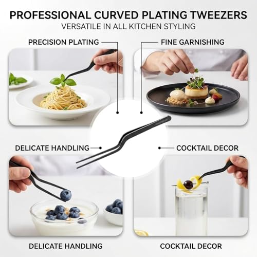 CREATIVECHEF 8 Inch Curved Stainless Steel Precision Kitchen Cooking Multi-function Tweezers Culinary Offset Tweezer Tongs (Curved, color) - color: Colorful