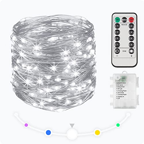 suddus 33ft 100 LED Outdoor String Lights, White Fairy Lights Battery Operated with Remote, Led Twinkle Lights for Bedroom, Backyard, Wedding, Tree, Mason Jar, Wall, Centerpiece, Christmas - color: White, size: 100LED