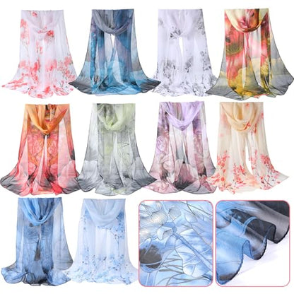 10 Pack Scarves for Women Lightweight Bulk, Chiffon Floral Print Shawls, Sheer Summer Head Scarves, Elegant Neck Wraps for All Seasons and Occasions (61 X 18.8 Inches)