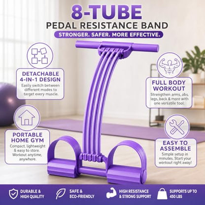 Pedal Resistance Band with Handle Upgraded 8-Tube Resistance Bands with Handles Set, 3-in-1 Multifunctional Chest Expander, Back Puller and Stretching Rope,Detachable Pedal Exerciser for Home - color: Purple