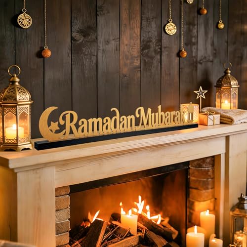 22 Inch Ramadan Mubarak Table Decor Wooden Ramadan Mubarak Sign Islamic Tabletop Centerpiece Eid Mubarak Decoration for Home Indoor Ramadan Party Desktop Display