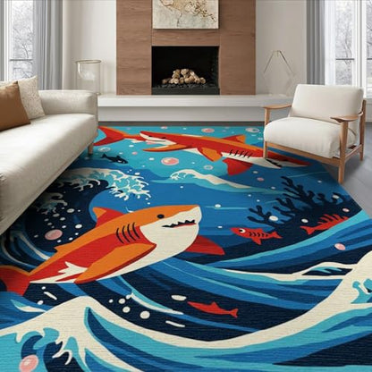 8'x10' Washable Flatwoven Rug, Blue Graphic Wave Stain Resistant Extra Large Carpet for Dining Room, Large Office, Lounge, Non-Slip Chair-Friendly Mat | Ref:2070034 - color: Blue/Pattern 11, size: 8' x 10' (Rectangular)