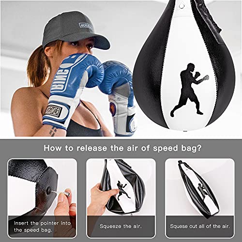 Benelabel Boxing Speed Bag with 360° Swivel Mount Premium Leather Boxing Speed Bag with Hanger and Inflator - Easy to Install and Use - Improve Your Speed and Reflexes - color: White and Black Speed Bag with Swivel