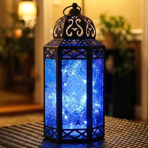 Vela Lanterns Decorative Indoor Fairy Light Candle Holder, Blue, L | Moroccan Bathroom Decor, Fantasy Diwali Ramadan & Eid Decorations, Turkish Metal Hanging Lamp, Porch Patio, 12" Tall - color: Black/Blue, size: Large