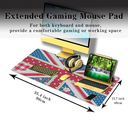 Union Jack Gaming XXL Mouse Pads British Flag Mouse Pad Shabby Chic Floral Style Mousepads Non-Slip Rubber Base Waterproof with Stitched Edges, 35.4" X 15.7" for Work/Game/Office/Home - color: British Flag
