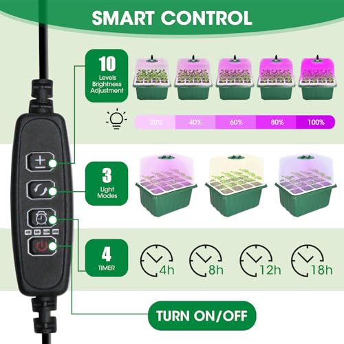 5PCS 60 Cell Self Watering Seed Starter Tray with Grow Light, Reusable Silicone Seed Starter Kit with Humidity Dome, 60 Cells Plant Germination Trays for Seeding Planting Growing（5-Pack 60-Cell）