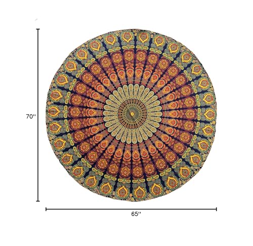 raajsee Yellow Mandala Round Beach Tapestry Hippie/Boho Beach Blanket/Indian Cotton Throw Bohemian Round Table Cloth/Aesthetic Tapestry/Yoga Mat Meditation Picnic Rugs 127 CM / 50 INCHE Circle - color: Yellow, size: 5 feet 10 inches (Round)