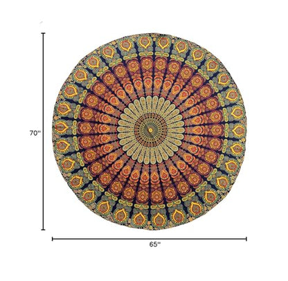 raajsee Yellow Mandala Round Beach Tapestry Hippie/Boho Beach Blanket/Indian Cotton Throw Bohemian Round Table Cloth/Aesthetic Tapestry/Yoga Mat Meditation Picnic Rugs 127 CM / 50 INCHE Circle - color: Yellow, size: 5 feet 10 inches (Round)