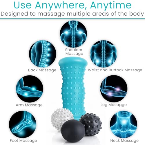 Vive Massage Ball Set (4 Piece) - Plantar Fasciitis Relief Foot Pain Hot Cold Therapy - Heel Spur, Sore Muscle, Trigger Point, Back, Arm, Neck, Shoulder, Leg Circulation Roller