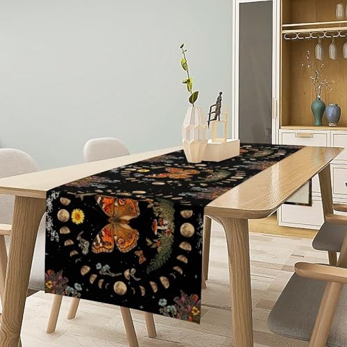 Boho Moth Table Runner, Witchy Mysterious Moon Phase Garden Flower Plant Gothic Aesthetic Table Runner for Home Kitchen Dining Patio Holiday Party 13x36in - color: Moth-3, size: W13''xL36''